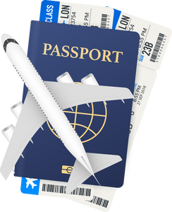 Passports, boarding passes and airplane